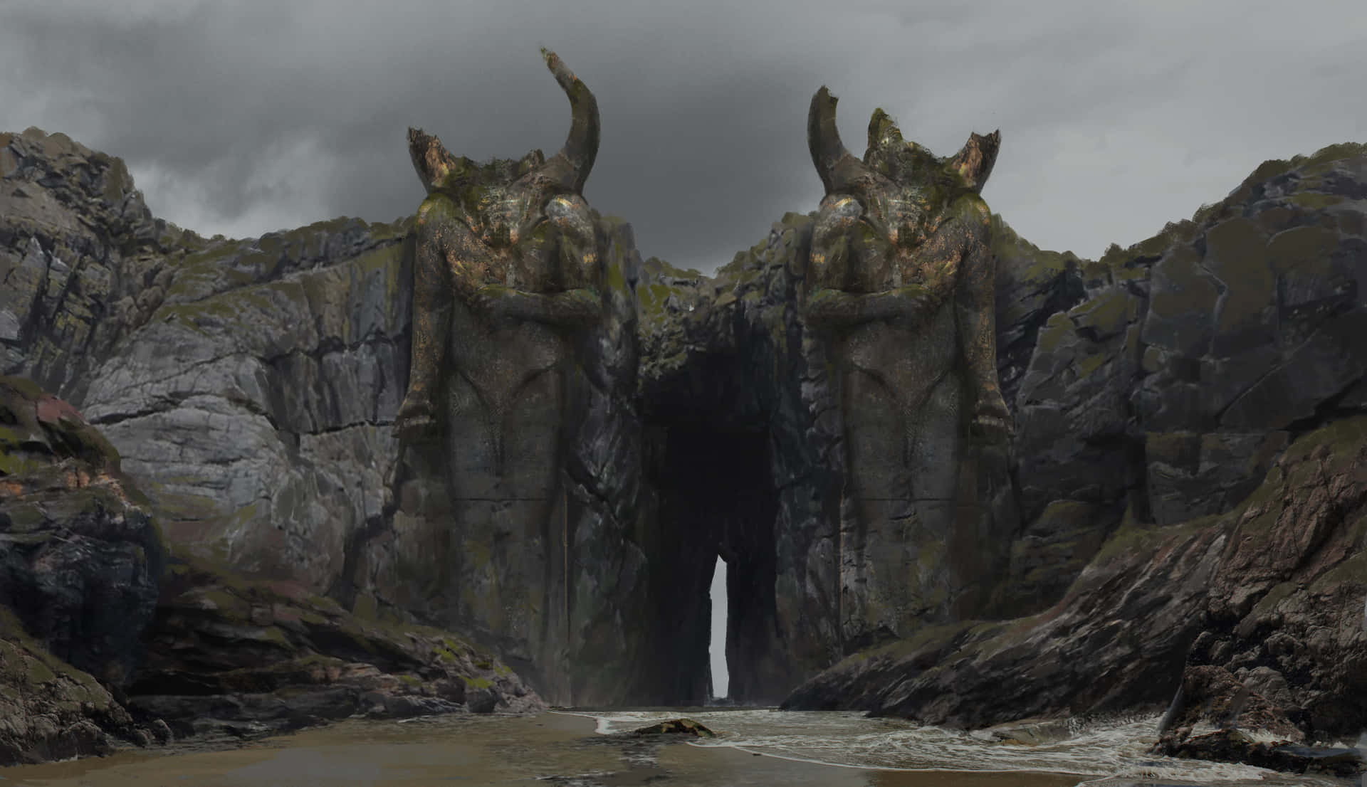 A Rocky Cliff With Two Horned Statues Background