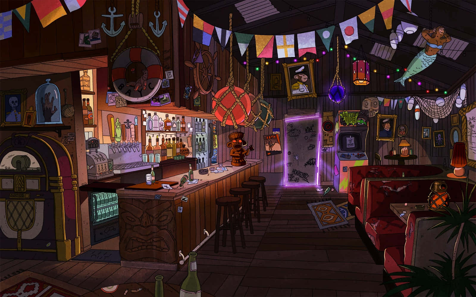 A Room With A Bar And A Lot Of Decorations Background