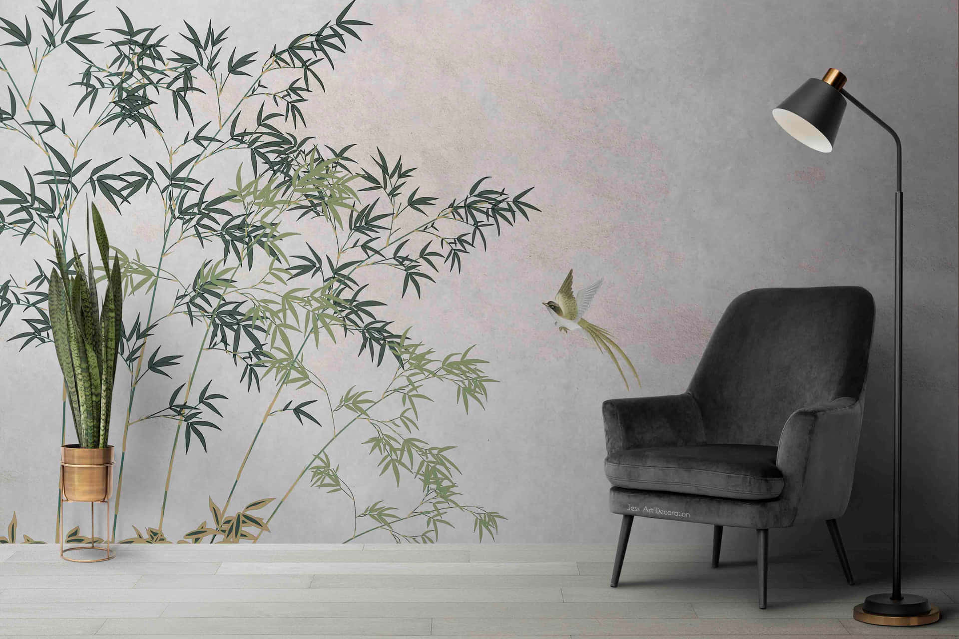 A Room With A Chair And A Bamboo Wall Mural Background