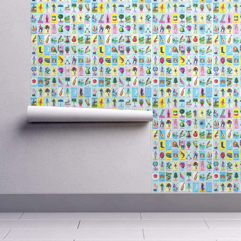 A Room With A Colorful Wallpaper And A Roll Of Paper Background