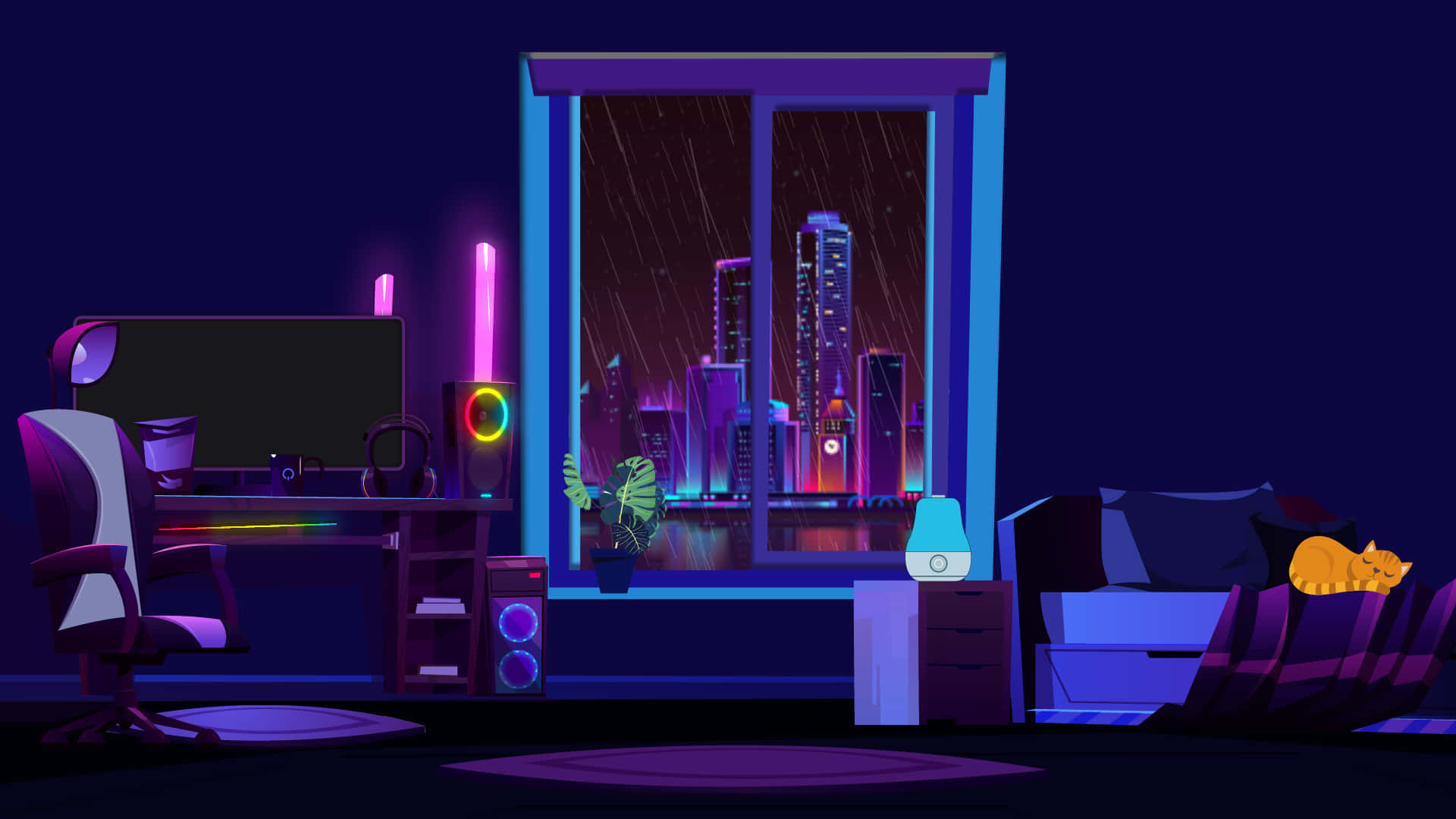 A Room With A Computer And A Lamp Background