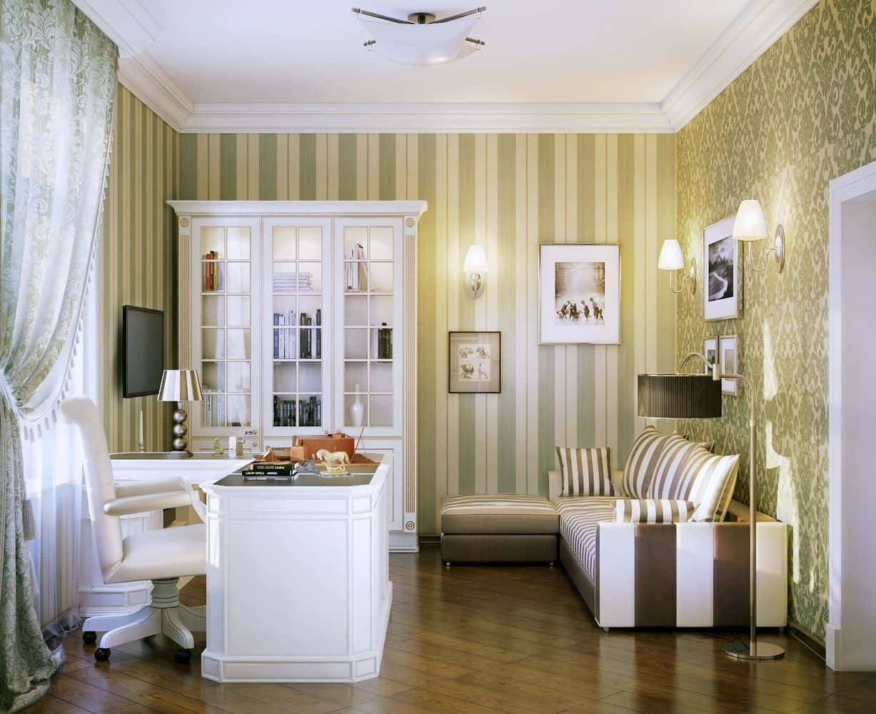 A Room With A Desk, Chair And Striped Wallpaper Background