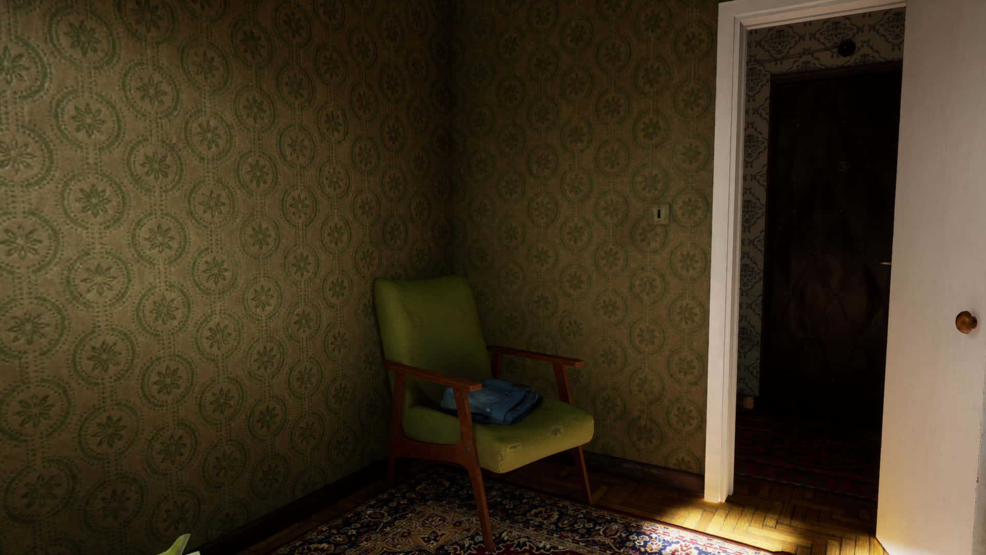 A Room With A Green Chair And A Green Rug Background