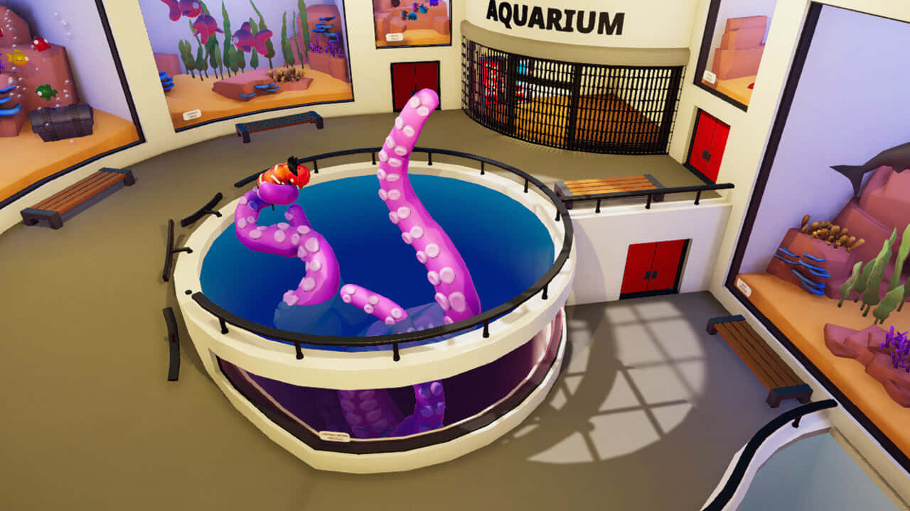 A Room With A Large Aquarium And Octopus Background