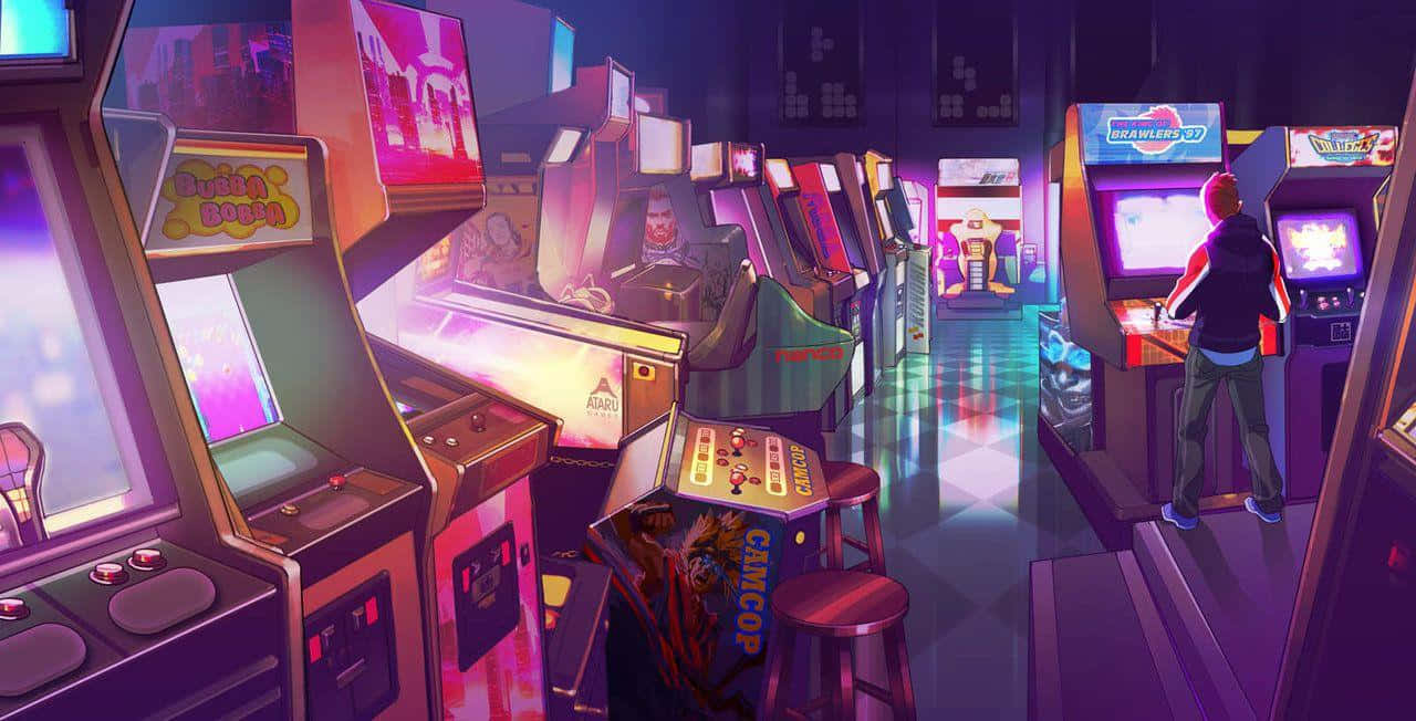 A Room With Many Arcade Machines Background