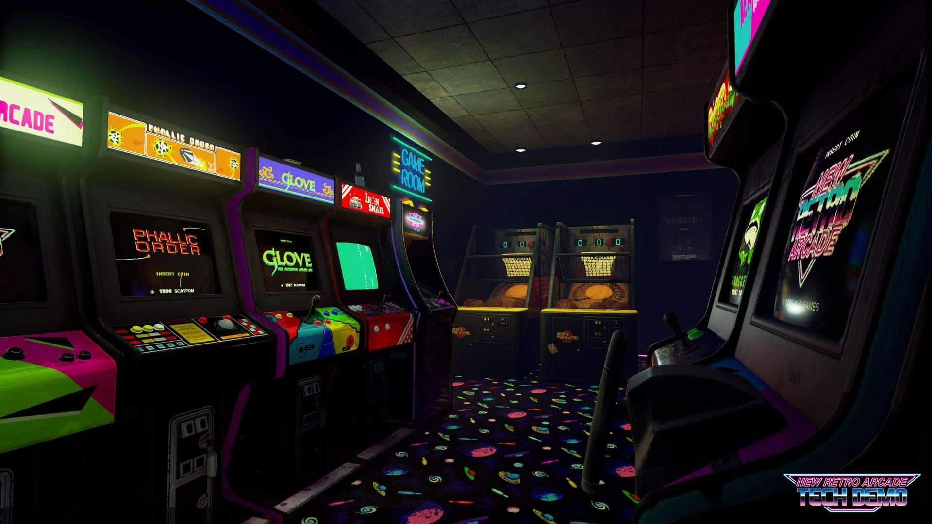 A Room With Many Arcade Machines And Neon Lights Background