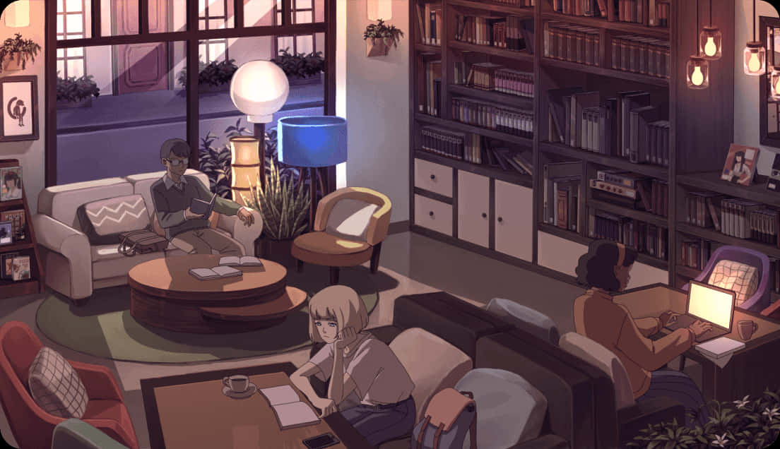 A Room With People Sitting In Chairs And A Bookcase Background