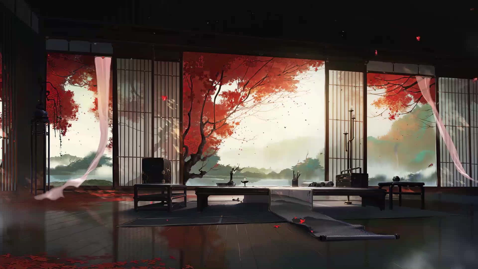 A Room With Red Curtains And A Window Background