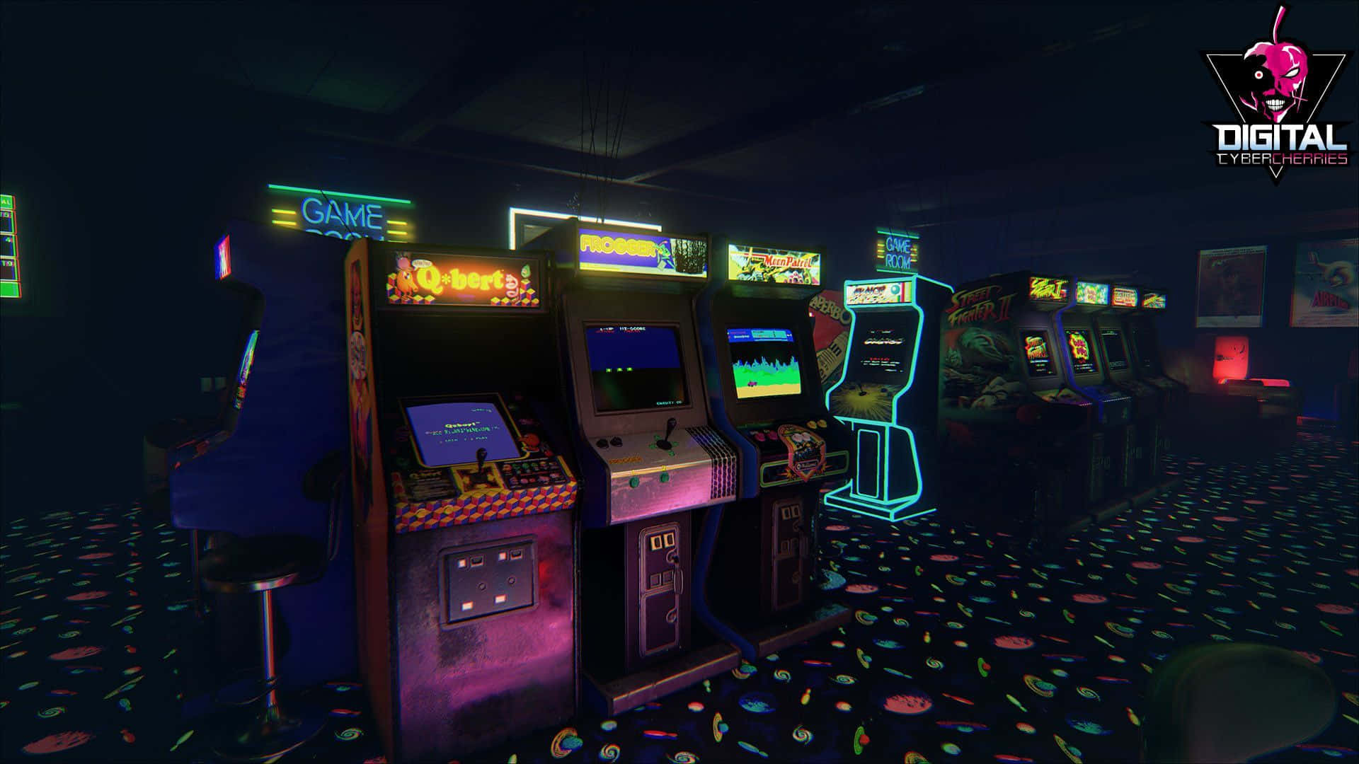 A Room With Several Arcade Machines And Neon Lights Background