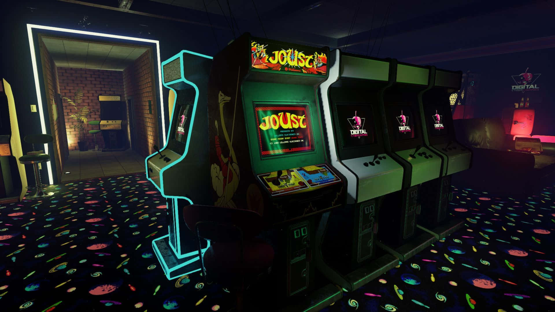 A Room With Several Arcade Machines And Neon Lights Background