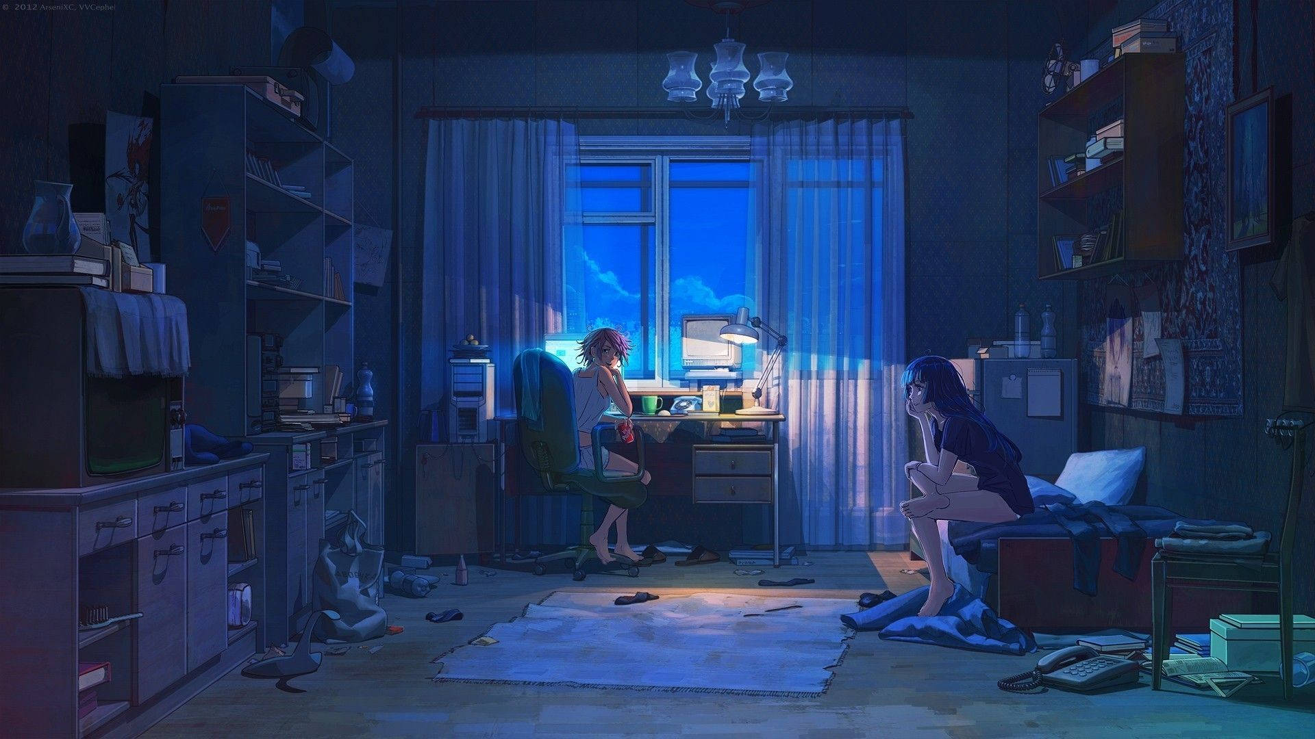 A Room With Two People Sitting In It Background