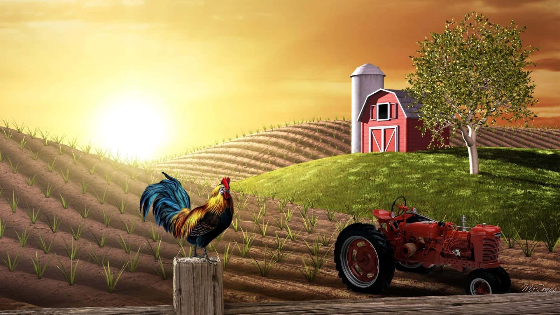 A Rooster And A Tractor On A Farm Background