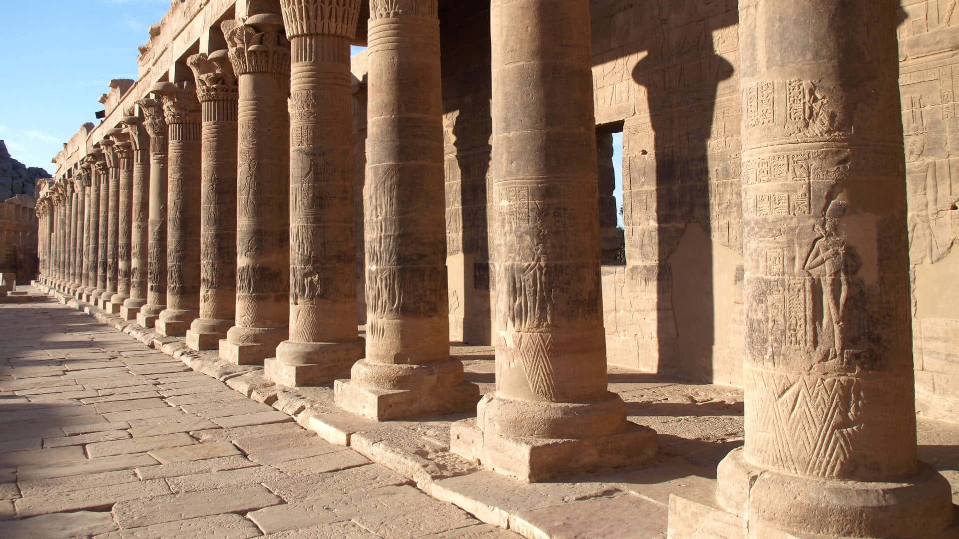 A Row Of Columns With Carvings On Them Background
