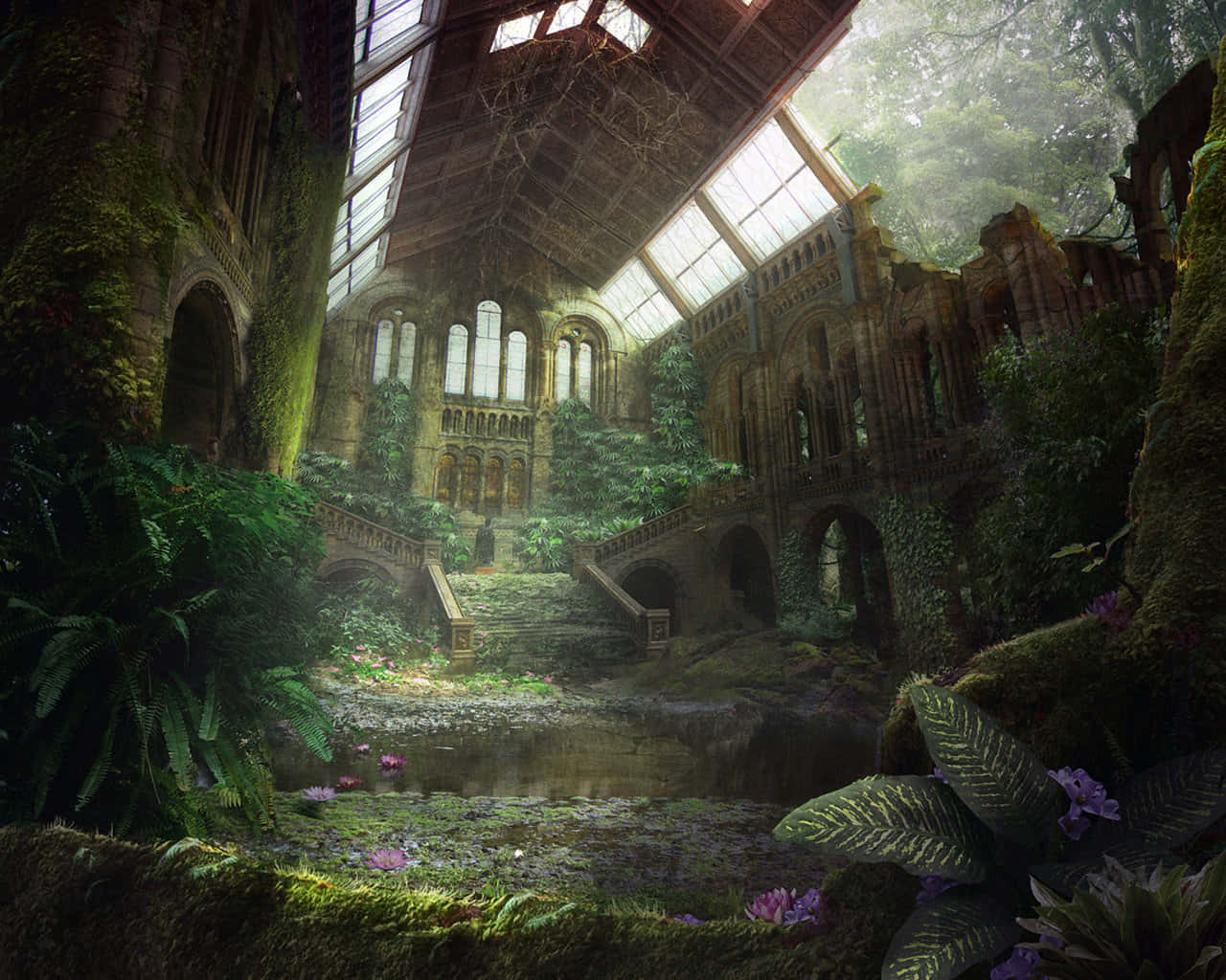 A Ruined Church With Moss And Trees Background