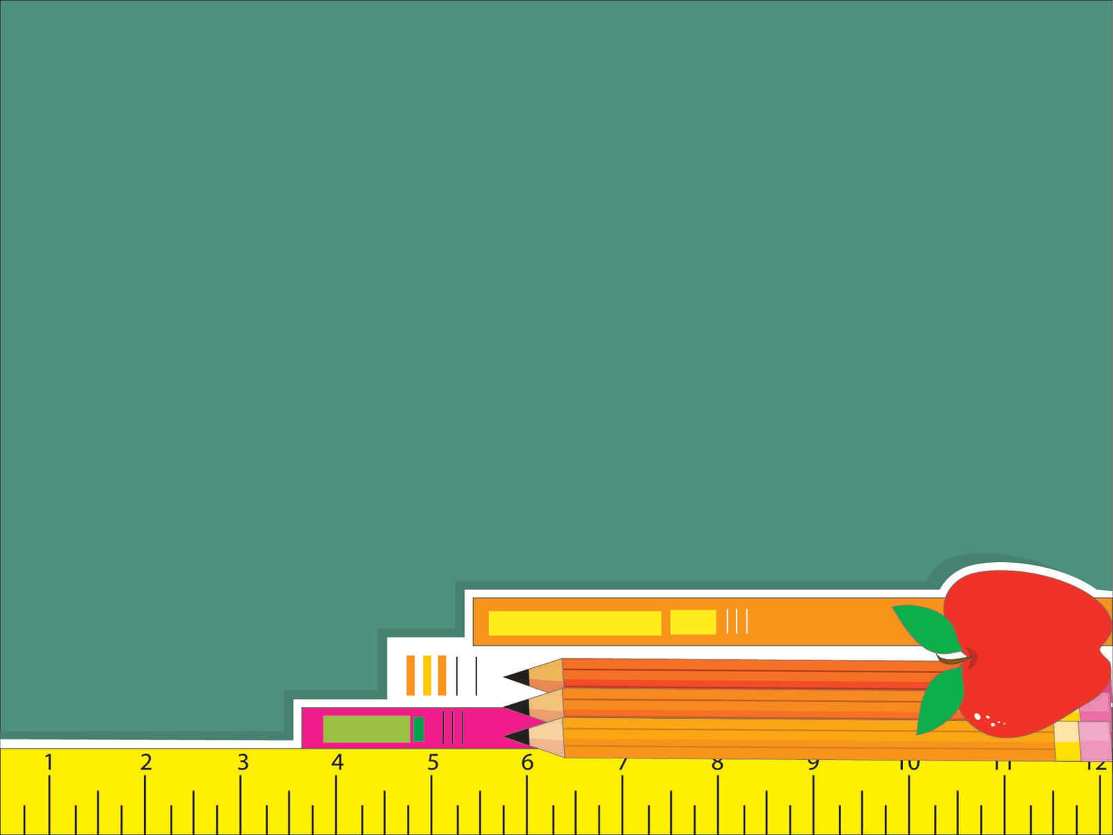 A Ruler, Pencils, And An Apple On A Green Background Background