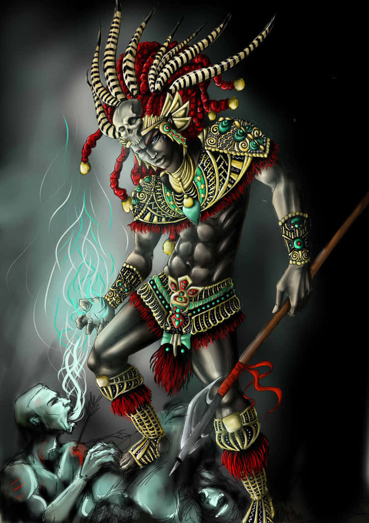A Saber-toothed Aztec Warrior With A Spear Background