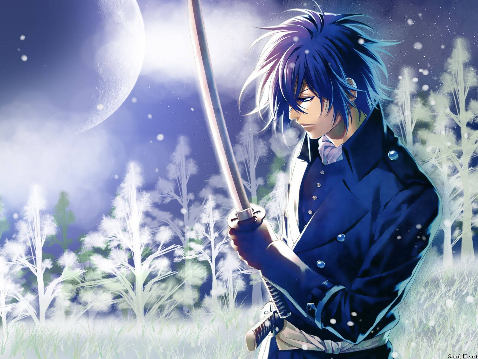 A Sad Anime Blue Boy Sitting In The Moonlight Background