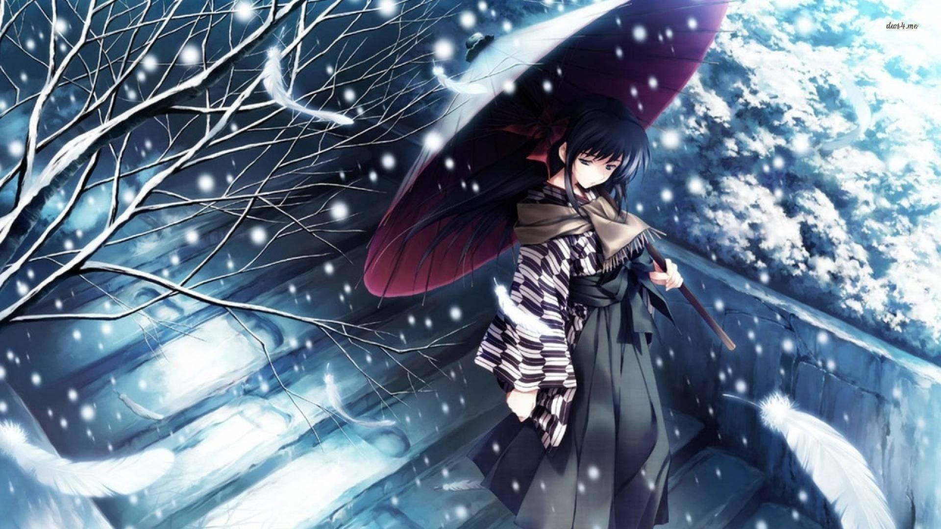 A Sad Anime Girl Alone In The Snow Background