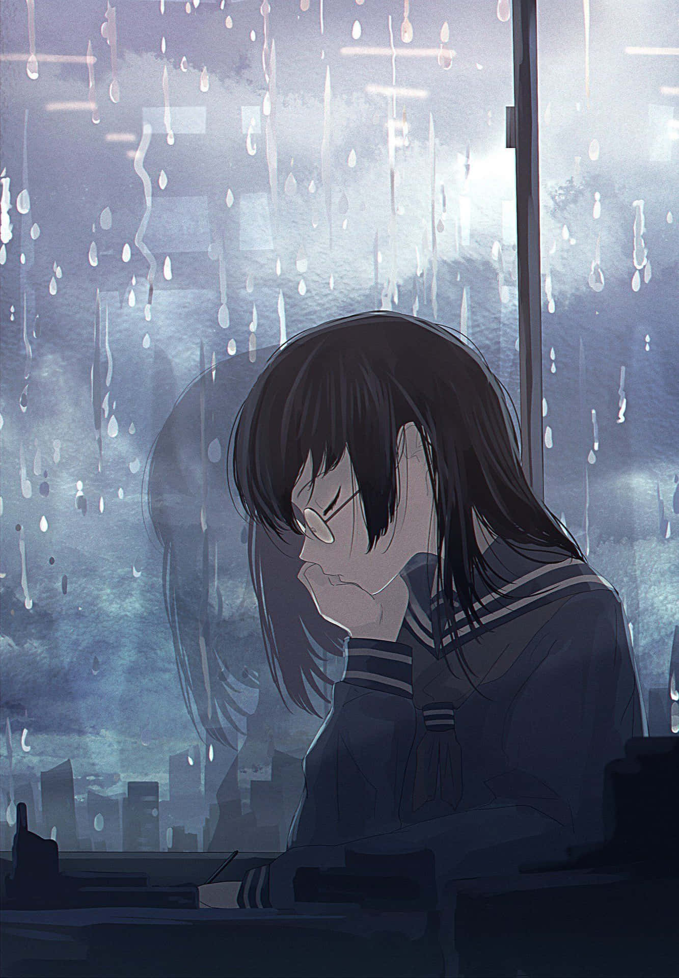 A Sad Anime Girl Cries Alone Background