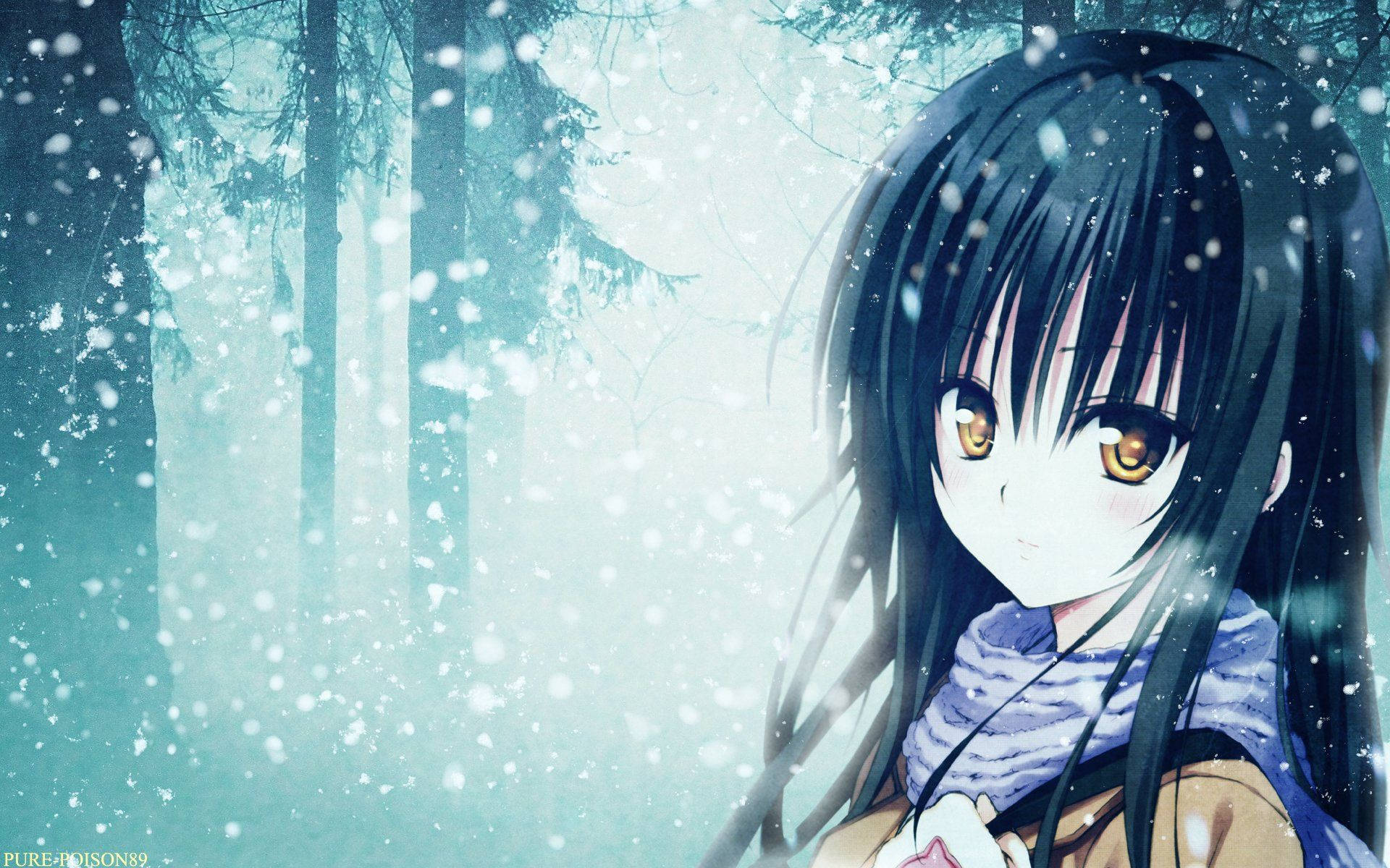 A Sad Anime Girl Lost In The Snow Background
