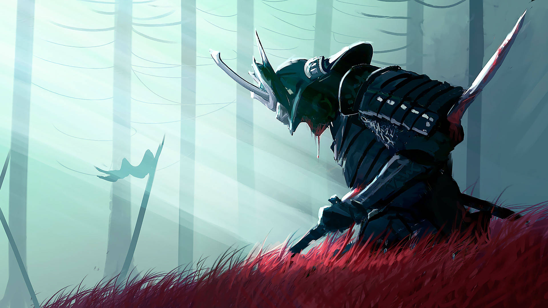 A Samurai In A Red Armor Standing In The Grass Background