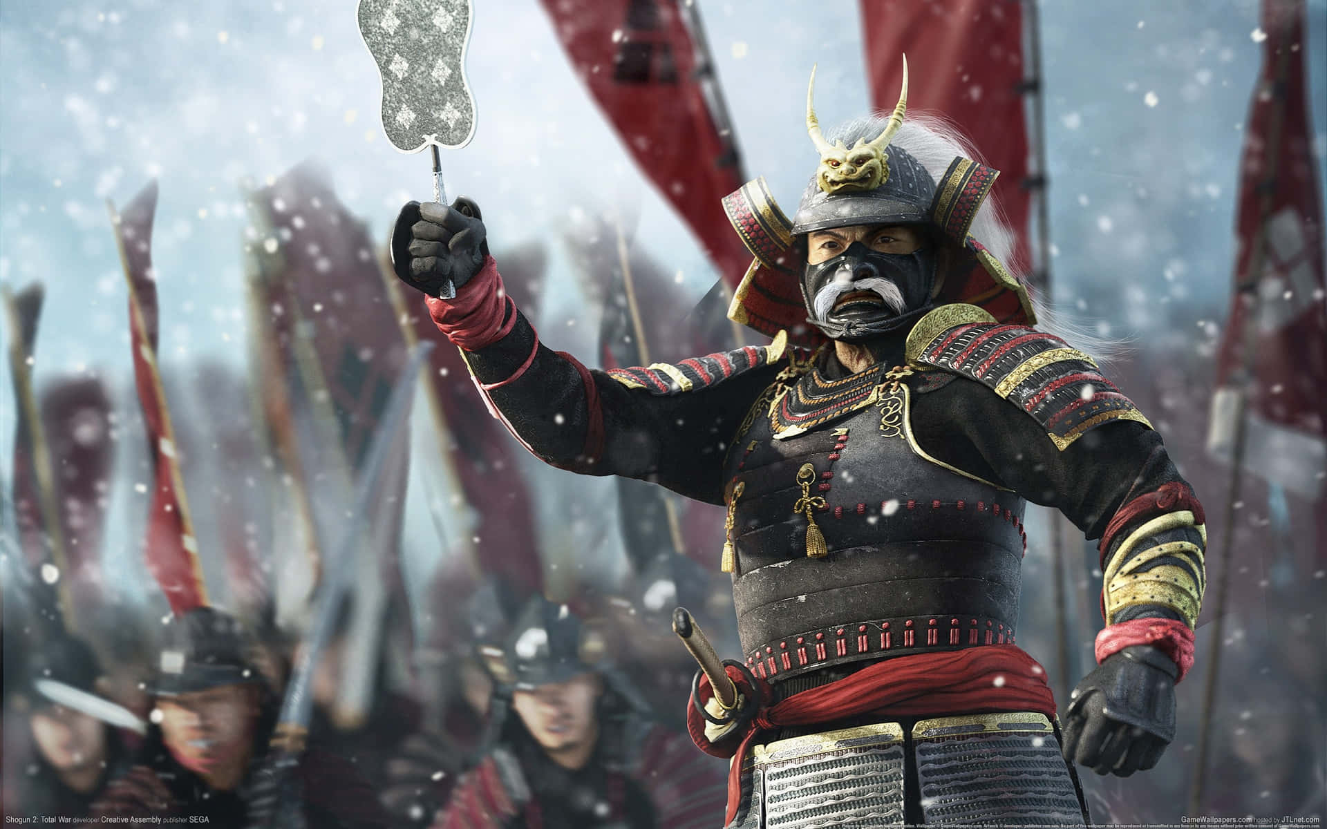 A Samurai Is Holding A Flag In The Snow Background