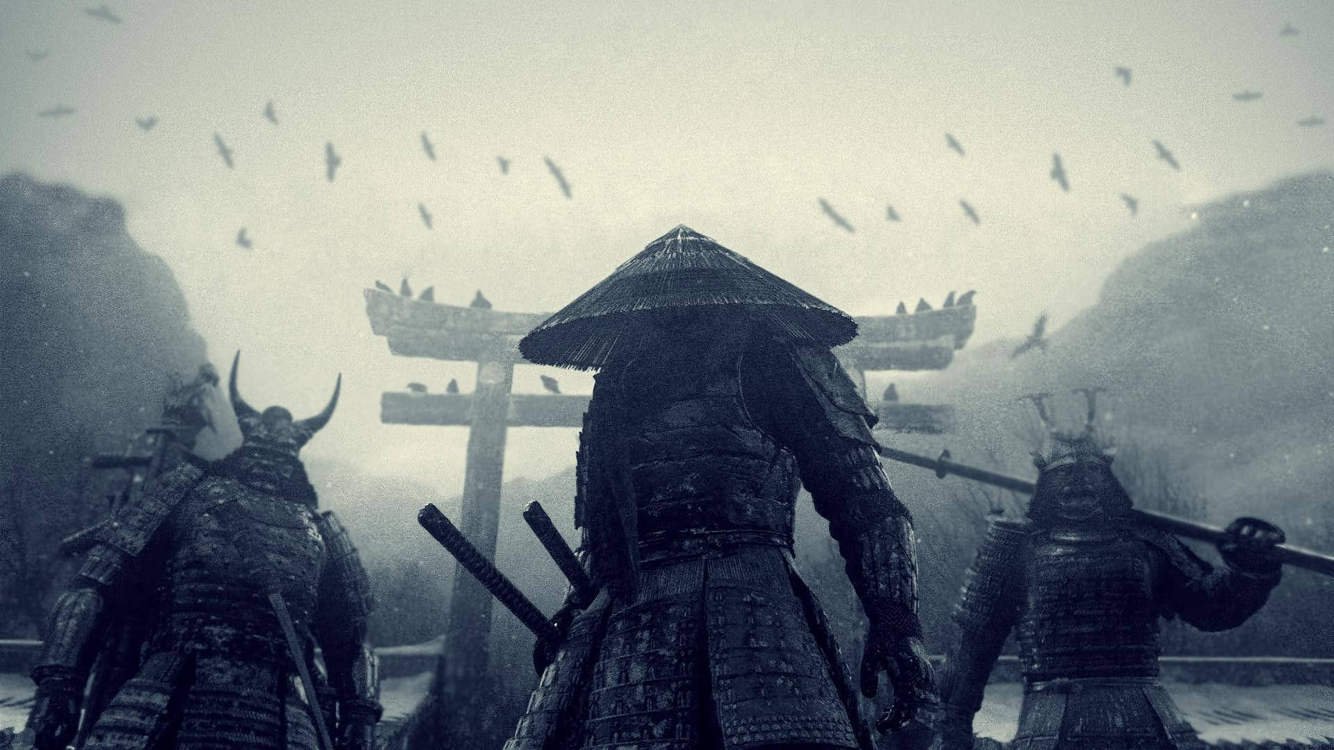 A Samurai Prepares For Battle In Traditional Art Background