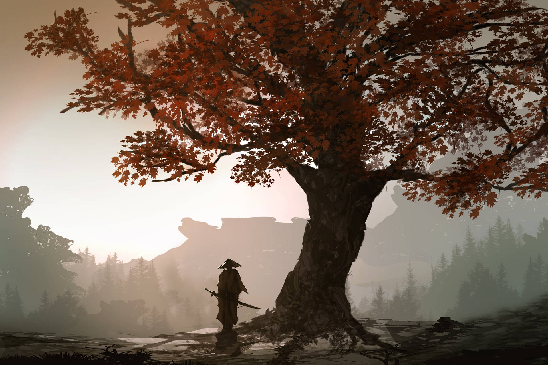 A Samurai Prepares For Battle Under An Autumn Tree Background