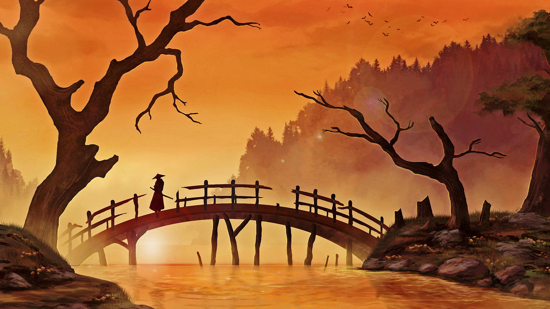 A Samurai Warrior Crossing A Bridge Background
