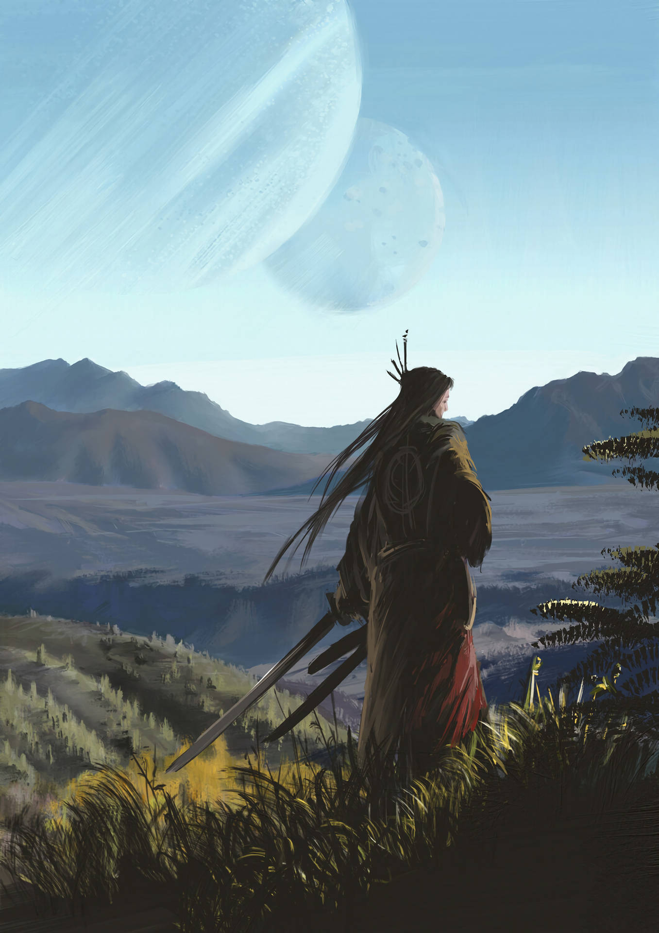 A Samurai Warrior Standing In The Mountains Background