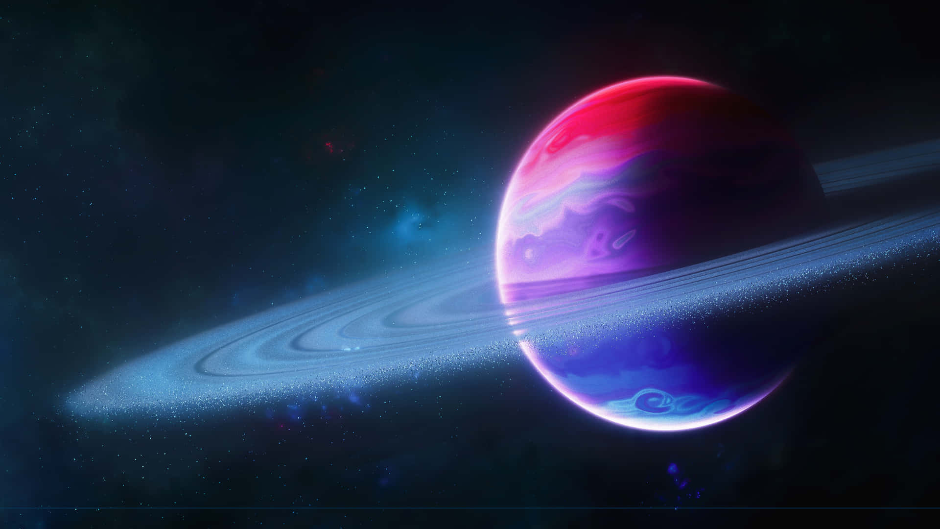 A Saturn In Space With A Red And Blue Ring