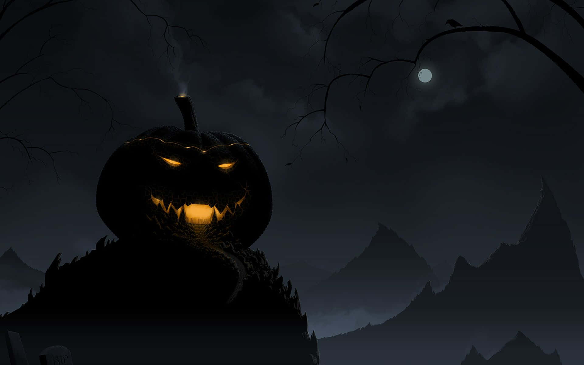 A Scary Halloween Desktop Scene, With A Pumpkin And A Glowing Green Witch's Hat. Background