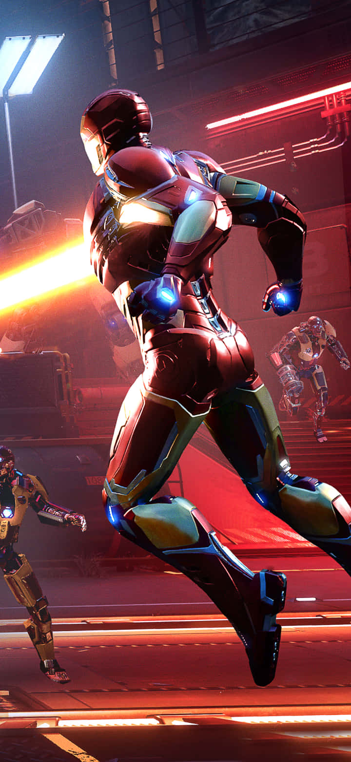 A Scene From A Video Game With Iron Man And A Man In A Suit Background
