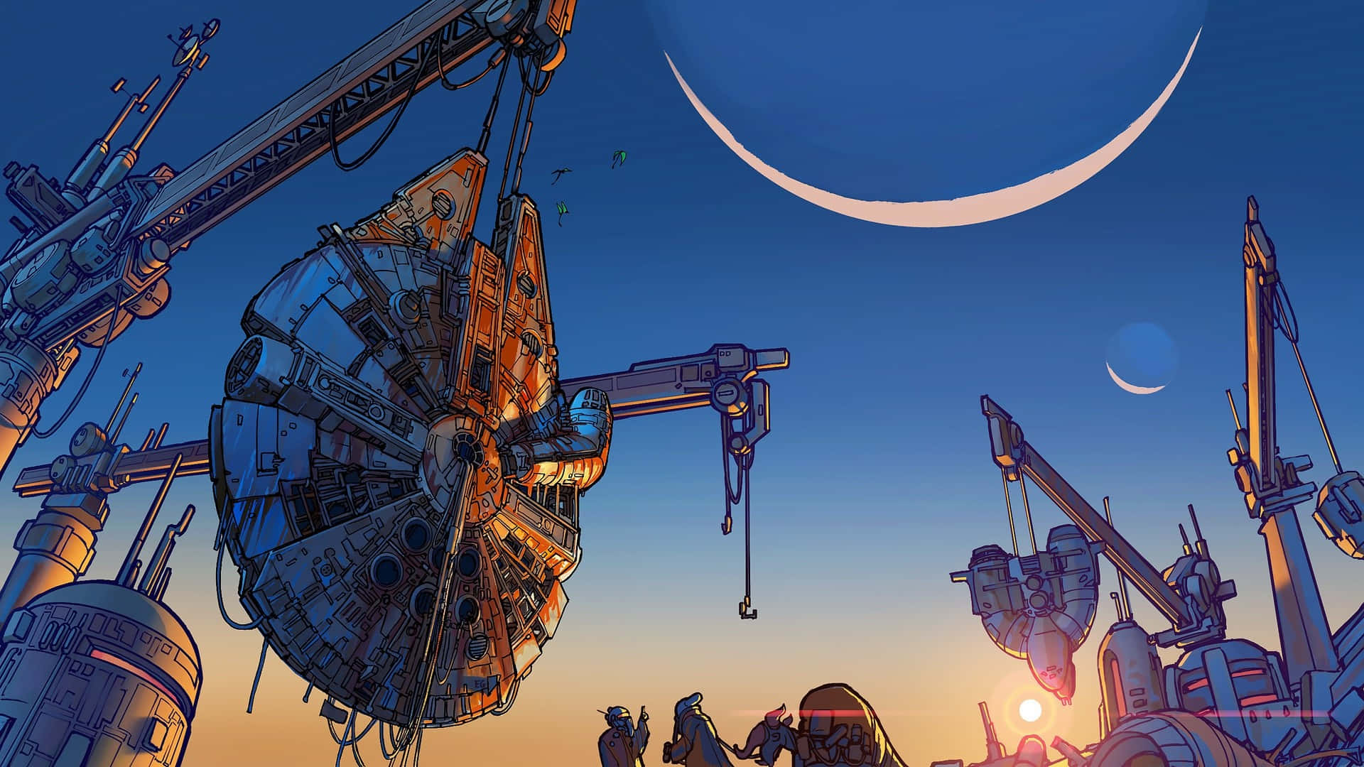 A Scene Of A City With A Large Crane Background
