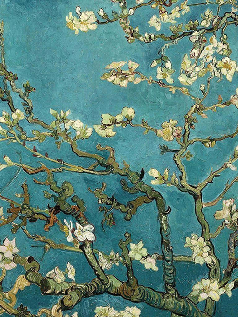 A Scene Of Beautiful Almond Trees In Bloom By Dutch Painter Vincent Van Gogh. Background