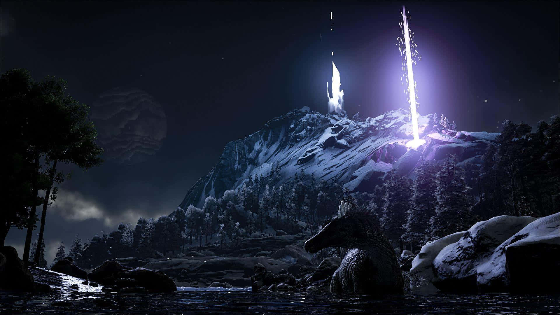 A Scene With A Light Shining On A Mountain Background