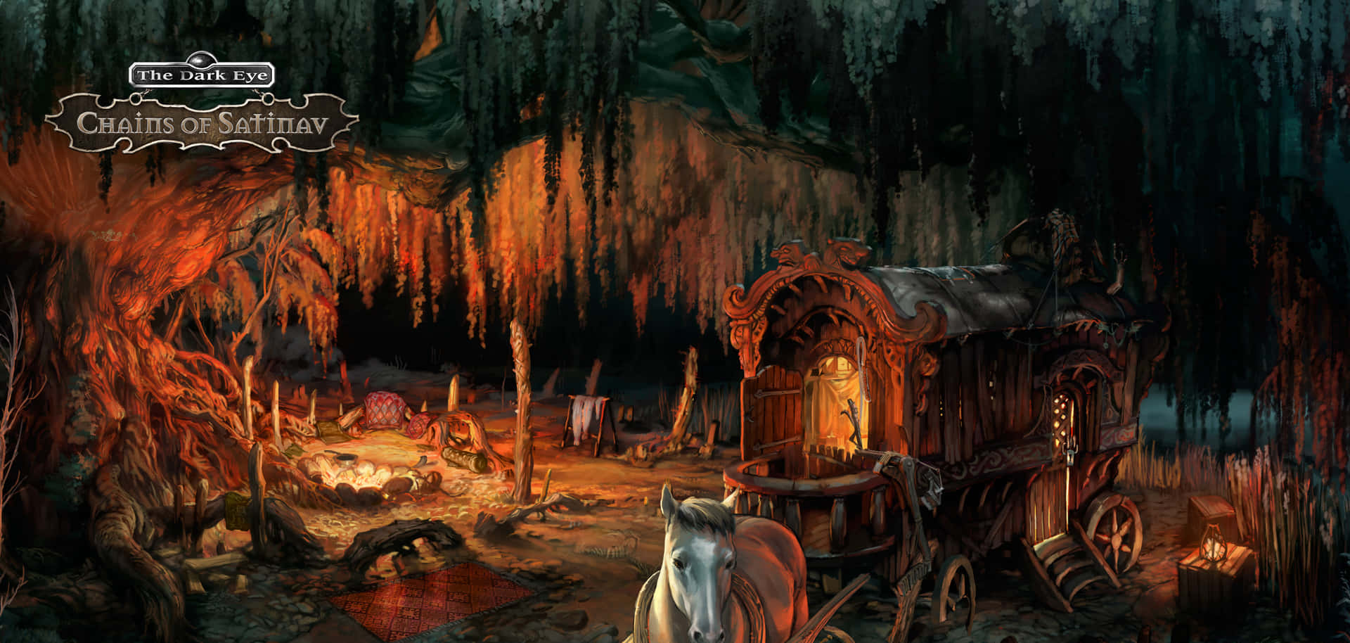 A Screenshot Of A Dark Cave With A Carriage And A Witch Background