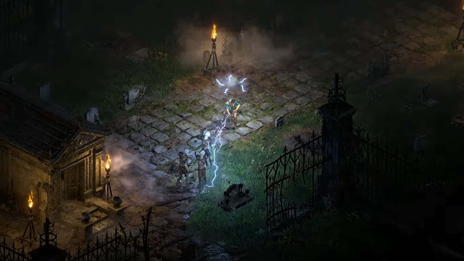 A Screenshot Of A Dark Scene With A Cemetery Background
