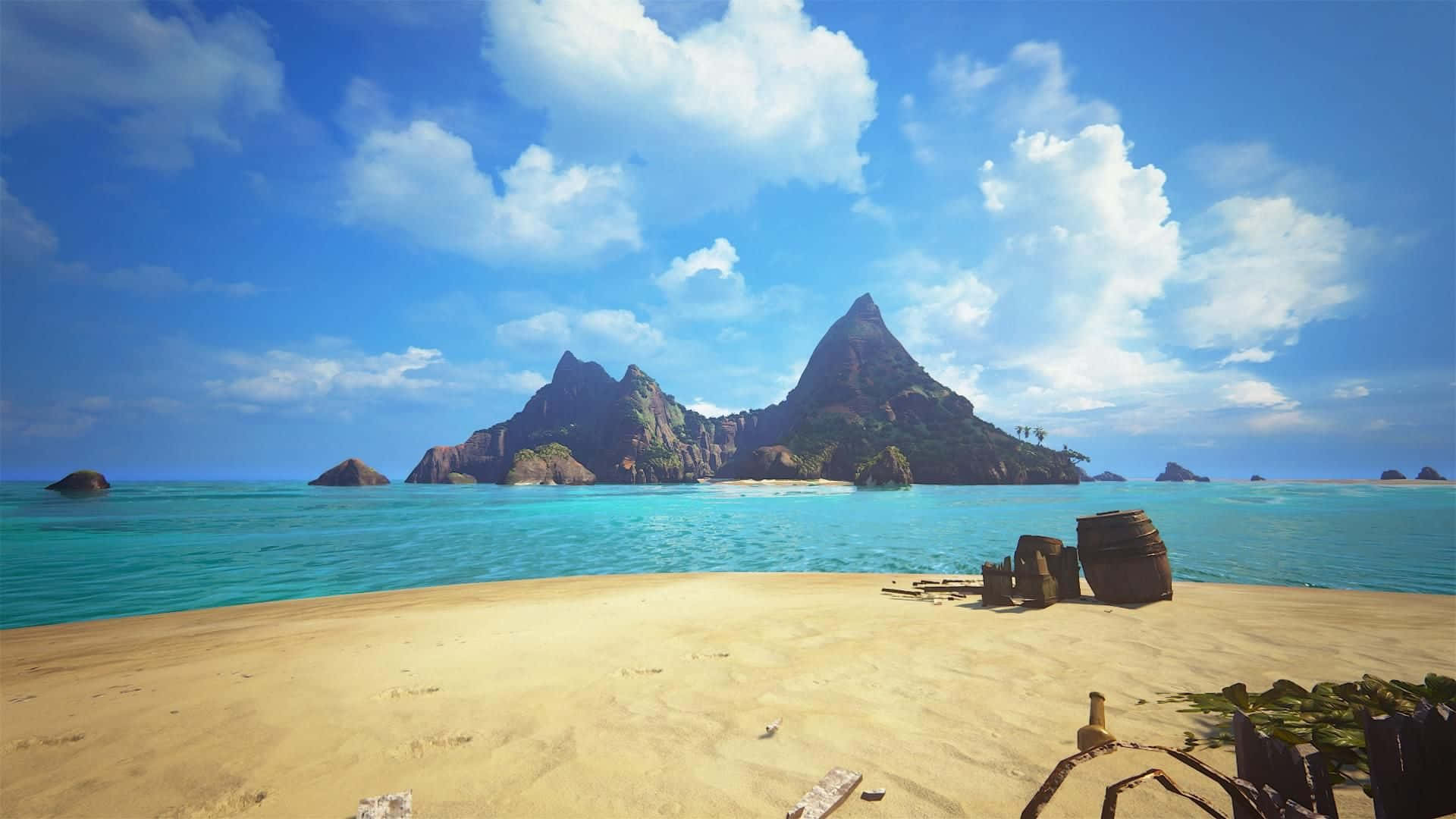 A Screenshot Of A Desert Island With Rocks And Water Background
