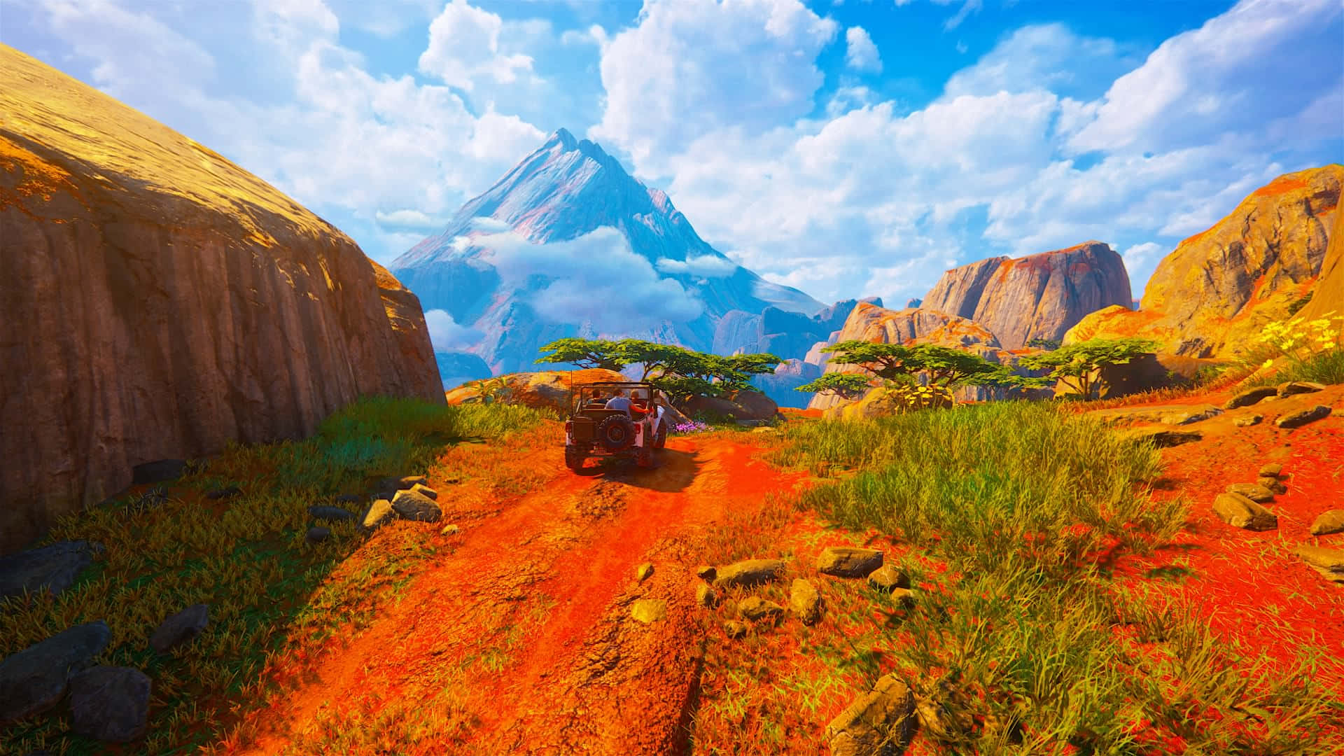 A Screenshot Of A Desert With Mountains And A Red Car Background