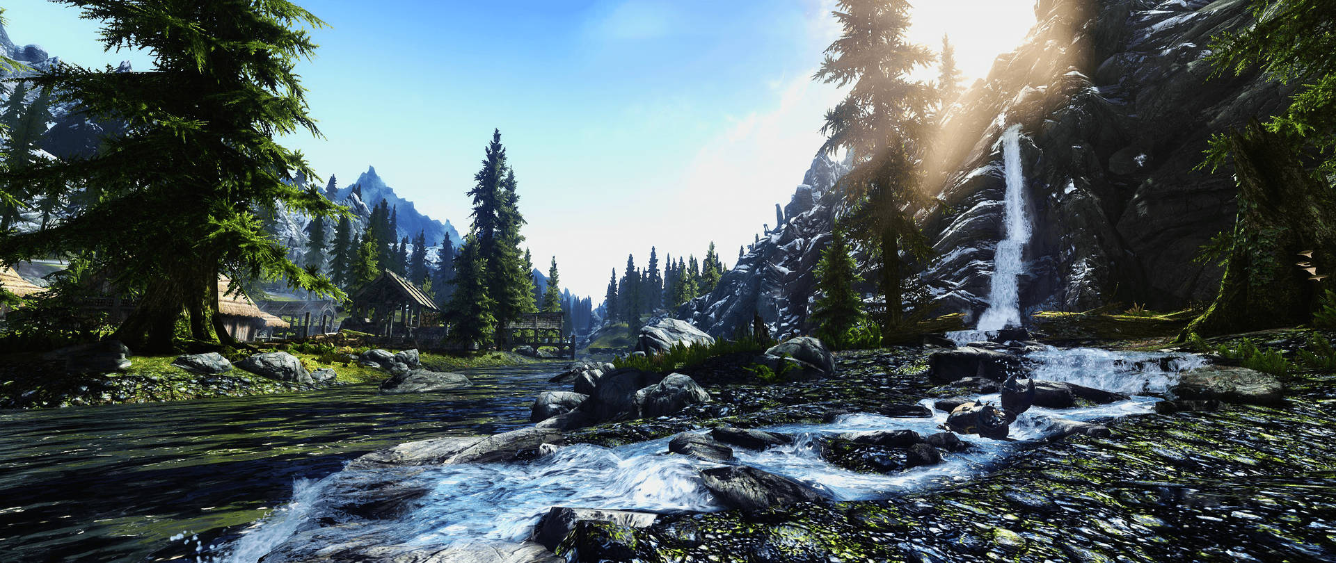 A Screenshot Of A Forest With A Waterfall Background