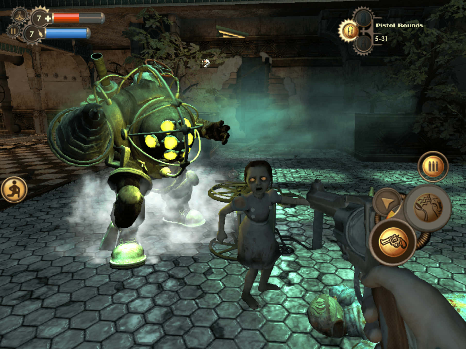 A Screenshot Of A Game With A Gun And A Woman Background