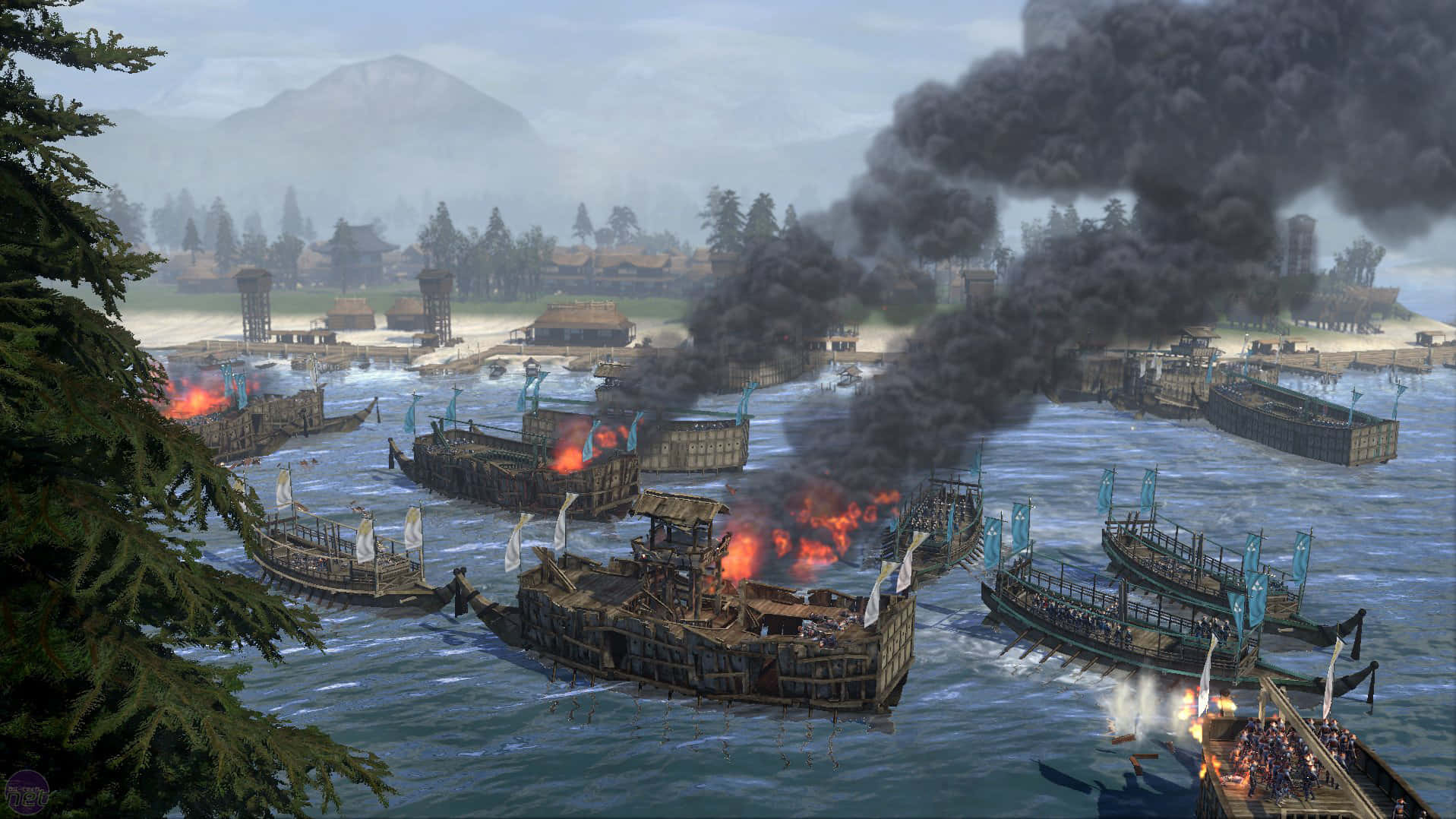 A Screenshot Of A Game With Ships And Smoke Background