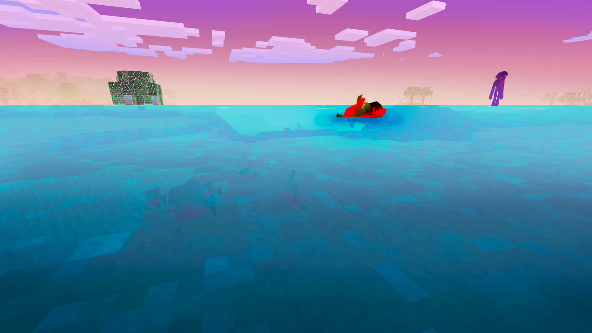 A Screenshot Of A Minecraft Game With A Red Boat In The Water Background