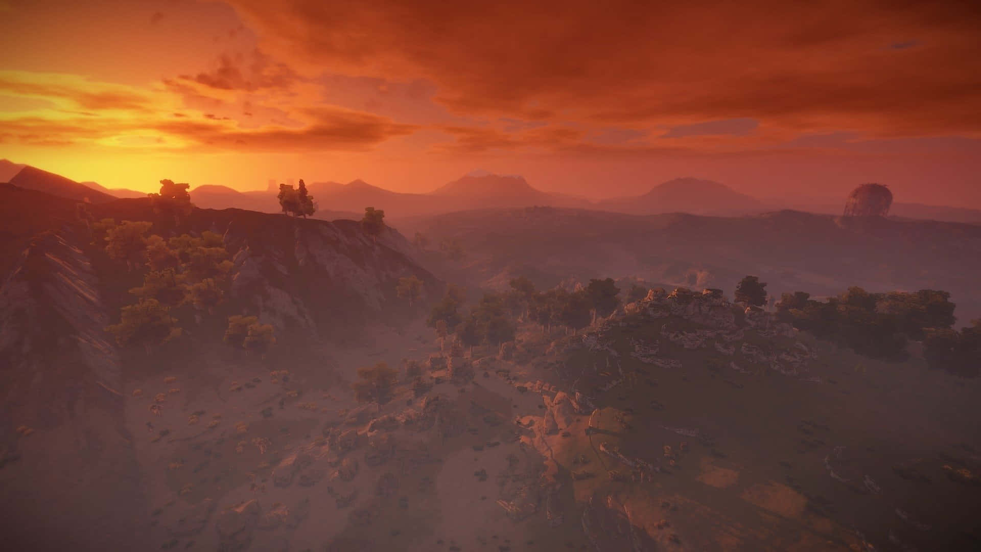 A Screenshot Of A Mountain Scene With A Sunset Background