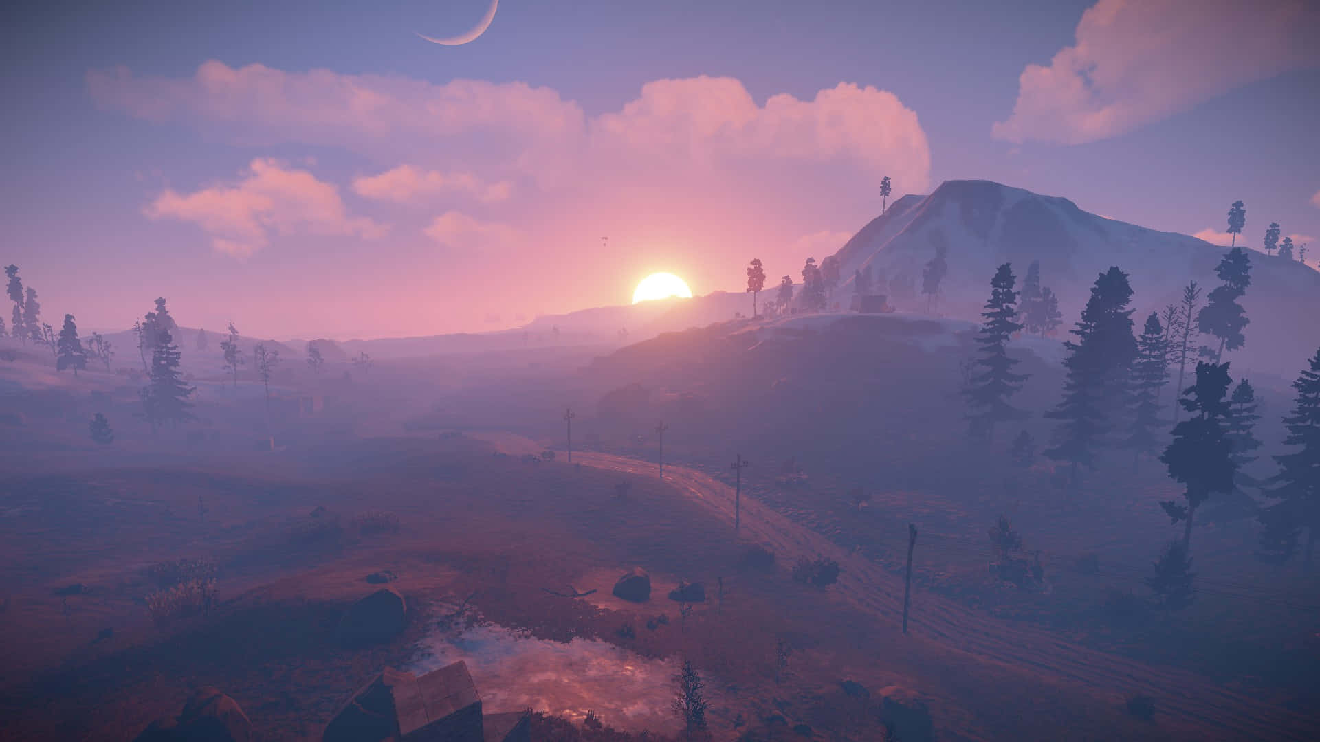 A Screenshot Of A Mountain With Trees And A Sun Setting Background