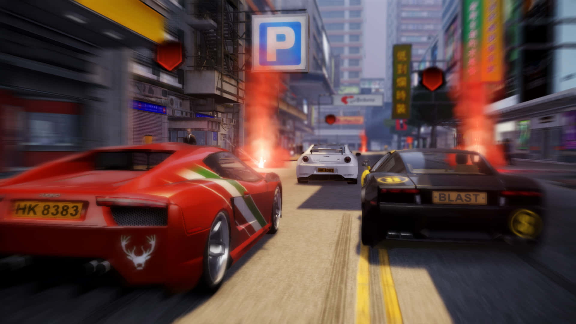 A Screenshot Of A Racing Game With Cars Driving Down The Street Background