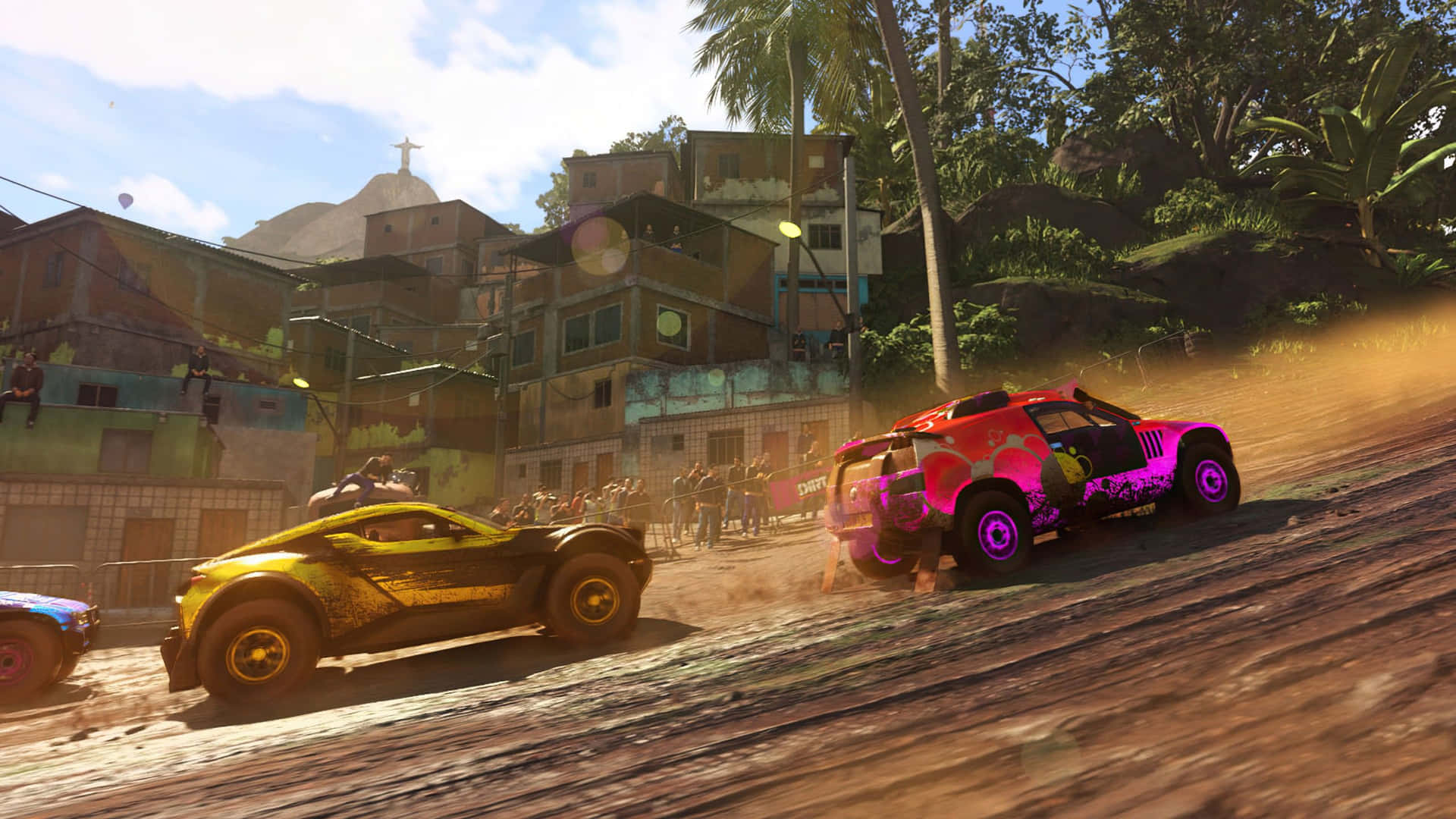 A Screenshot Of A Racing Game With Cars On Dirt Background