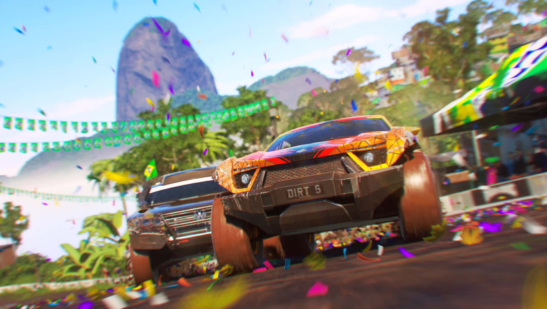 A Screenshot Of A Racing Game With Confetti Background