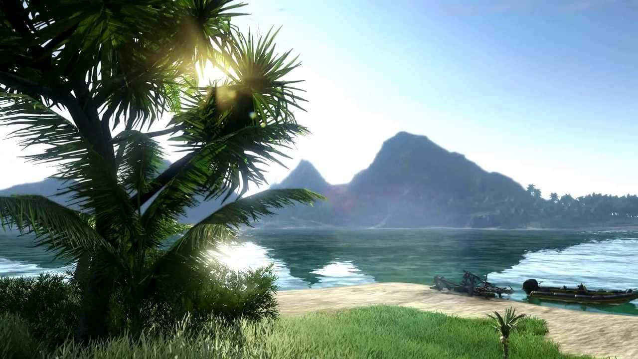 A Screenshot Of A Tropical Island With Palm Trees And A Lake Background